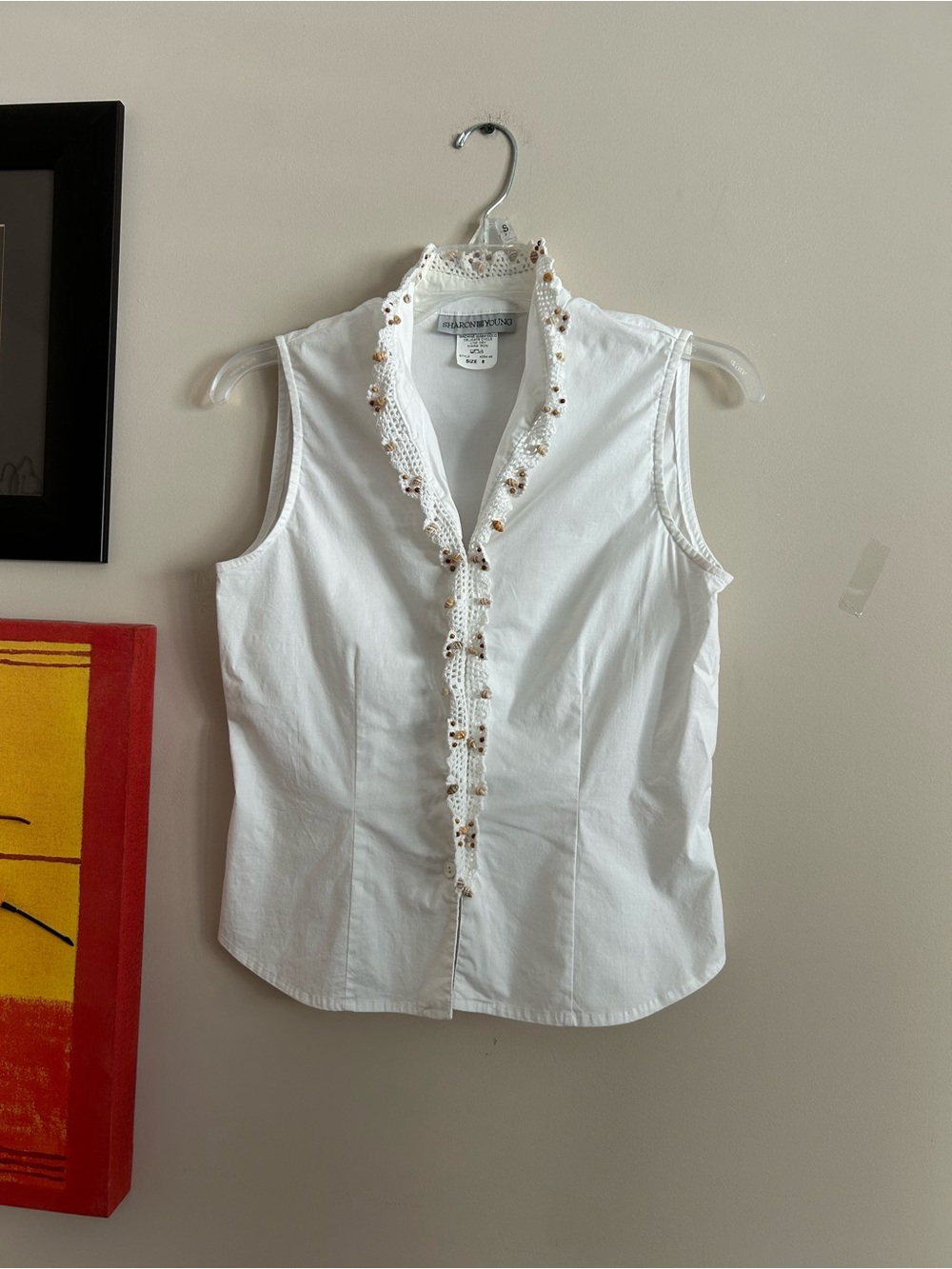 Sharon Young White Sleeveless Eyelet-Trim Button Top